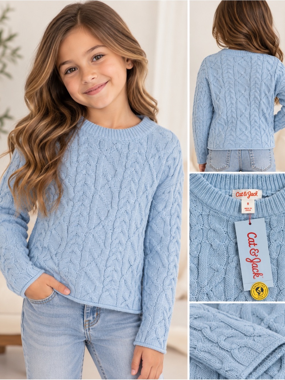 Cat & Jack Girls' Light Blue Cable Knit Sweater size 8